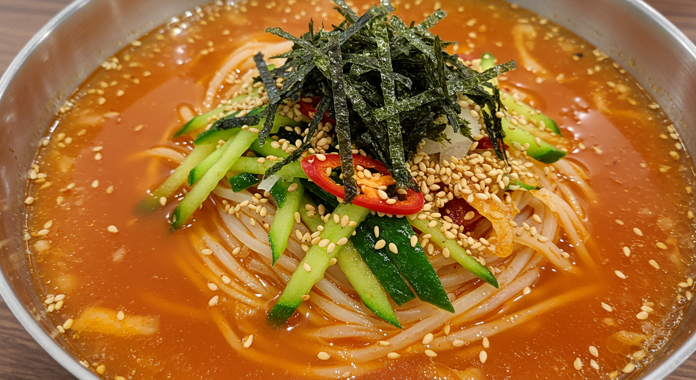 완성된 장칼국수의 뜨거운 김, 선명한 색감, 고명 등 식감과 비주얼을 극대화한 연출컷