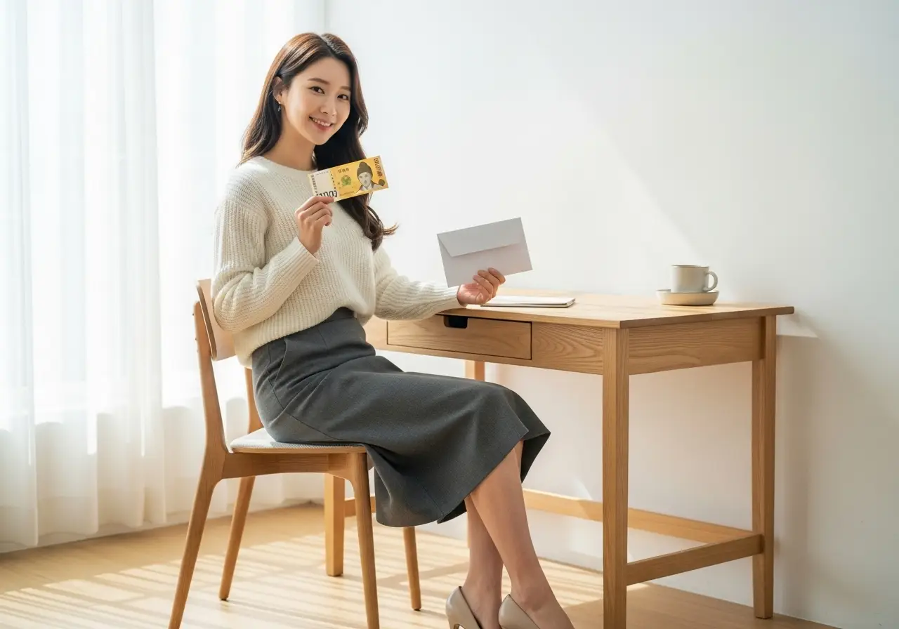 추석 용돈을 준비하는 여성의 모습