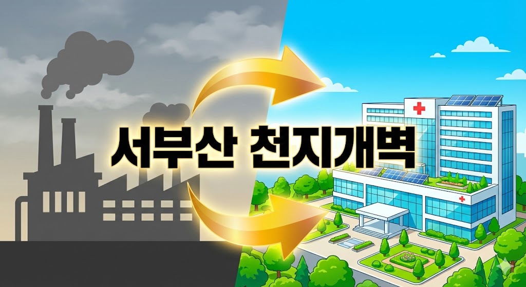 서부산 의료원 건립으로 변화하는 신평 장림 공단과 현대적인 병원 일러스트, 부동산 호재 썸네일