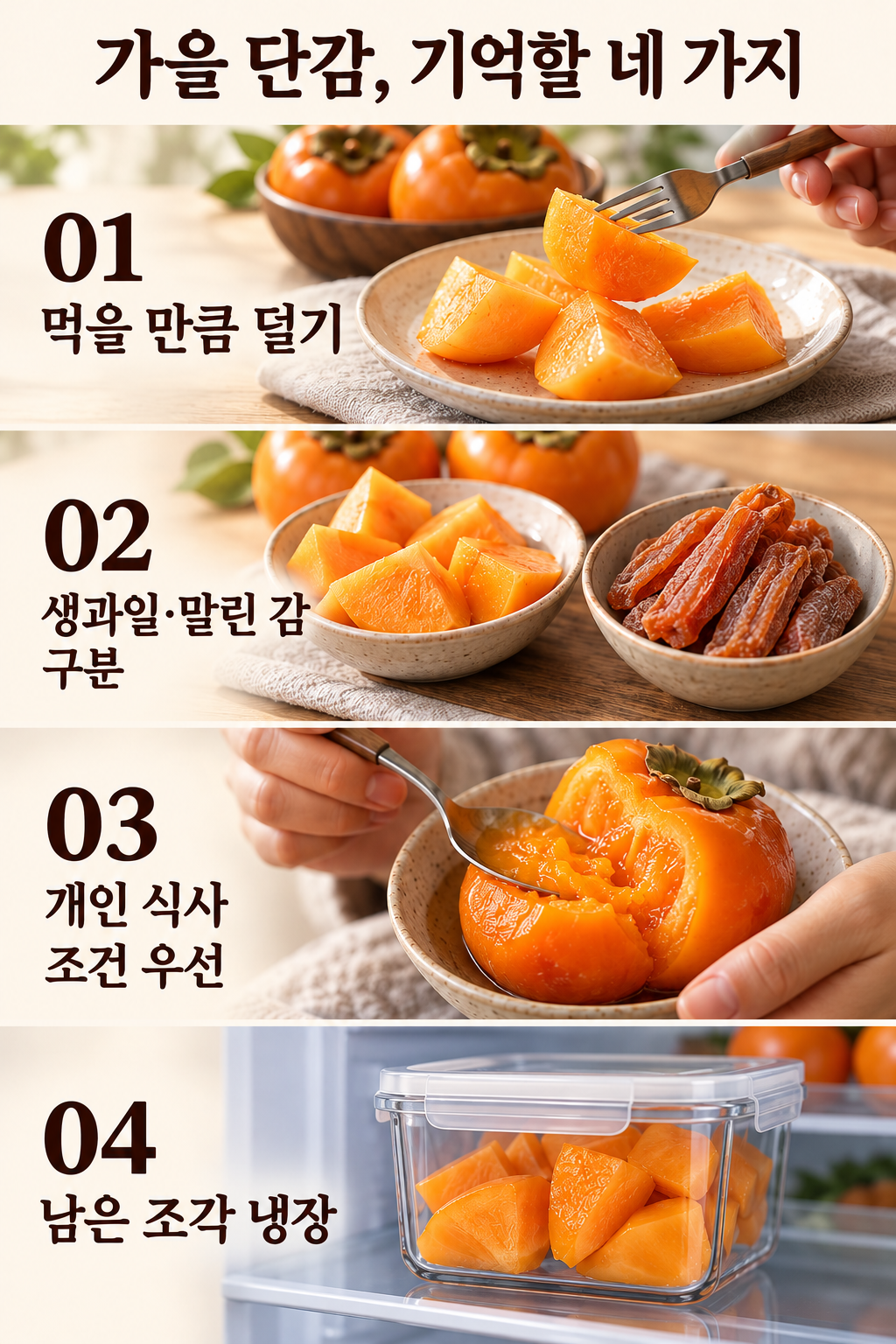 작은 접시에 덜기, 생과일과 말린 감 구분, 개인에게 맞는 질감, 남은 조각 냉장의 네 장면을 묶은 실사 핵심 정리.