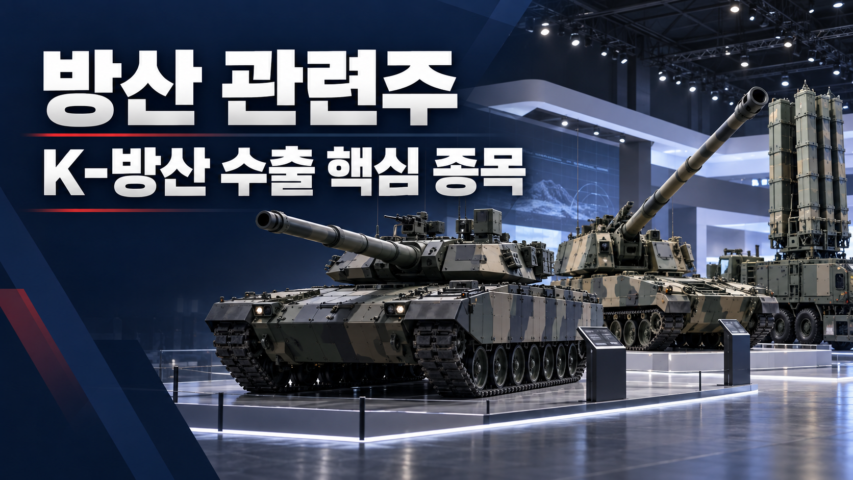 방산 관련주 K-방산 수출 핵심 종목을 소개하는 전시회 이미지