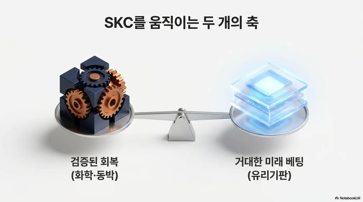 SKC 주가 전망: SKC를 움직이는 두 개의 축을 저울로 표현한 이미지. 왼쪽은 화학&middot;동박 본업의 검증된 회복&amp;#44; 오른쪽은 유리기판 신사업의 거대한 미래 베팅을 상징함. SKC 주가 전망이 검증된 실적과 미검증 옵션 가치라는 두 동력으로 나뉜다는 글의 핵심 구도를 시각적으로 설명함. 