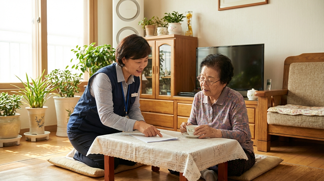 노인장기요양보험 신청 절차에 대해 상담을 받고 있는 어르신과 사회복지사의 모습