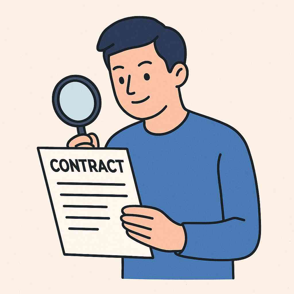 계약서를 돋보기로 자세히 들여다보는 캐릭터 일러스트 이미지