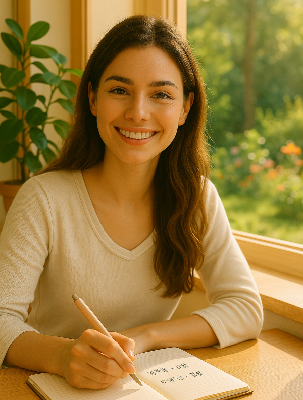창가에 앉아 아침 햇살을 받으며 이너뷰티 루틴을 노트에 정리하고 있는 젊은 여성. 창문 밖으로 정원의 나무와 꽃들이 보이며, 싱그럽고 건강한 일상의 루틴을 상징함.