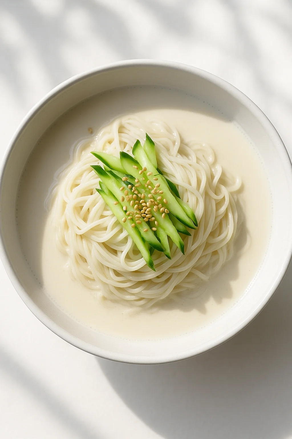밝은 자연광 아래 놓인 하얀 도자기 그릇의 콩국수. 진한 콩국물 위에 얹어진 오이채와 소면, 고명으로 뿌려진 참깨. 상큼하고 건강한 여름 요리 느낌, 상업 사진 스타일, 고해상도, 상단 뷰
