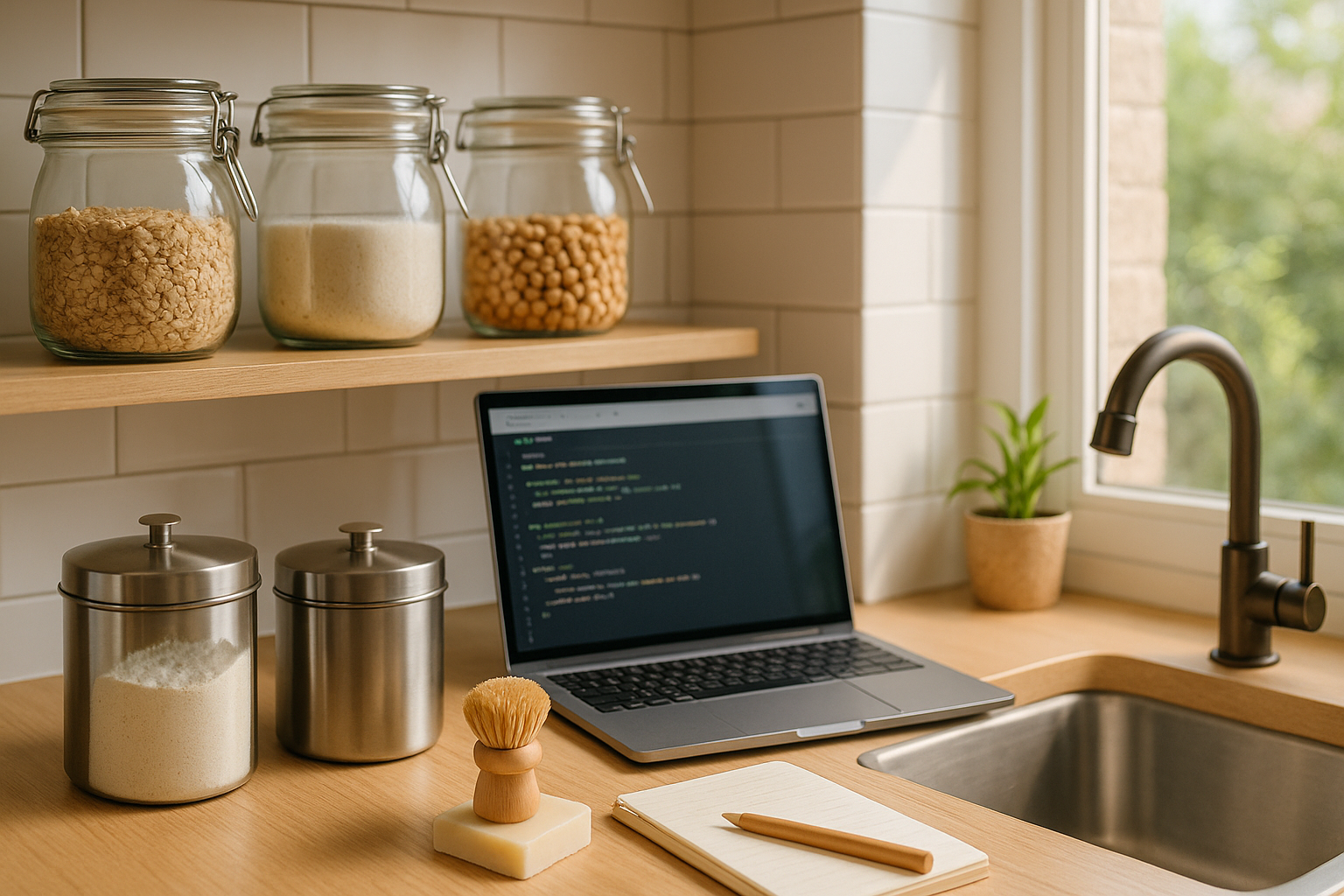 깔끔한 주방 선반의 식재료와 환경 친화적 세제