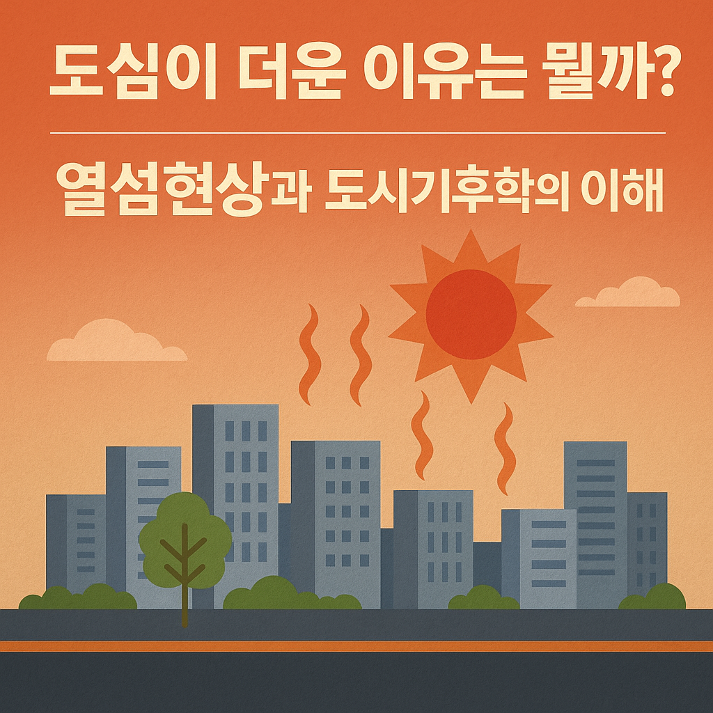 도시 열섬현상을 표현한 일러스트 - 고온의 해와 복사열로 인해 달아오른 도심 건물들