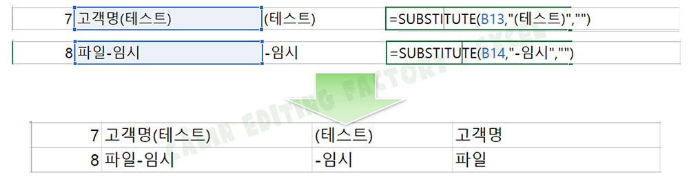 고객명과 파일 이름에서 괄호 텍스트와 하이픈 등의 특정 기호를 삭제하는 수식 적용 화면