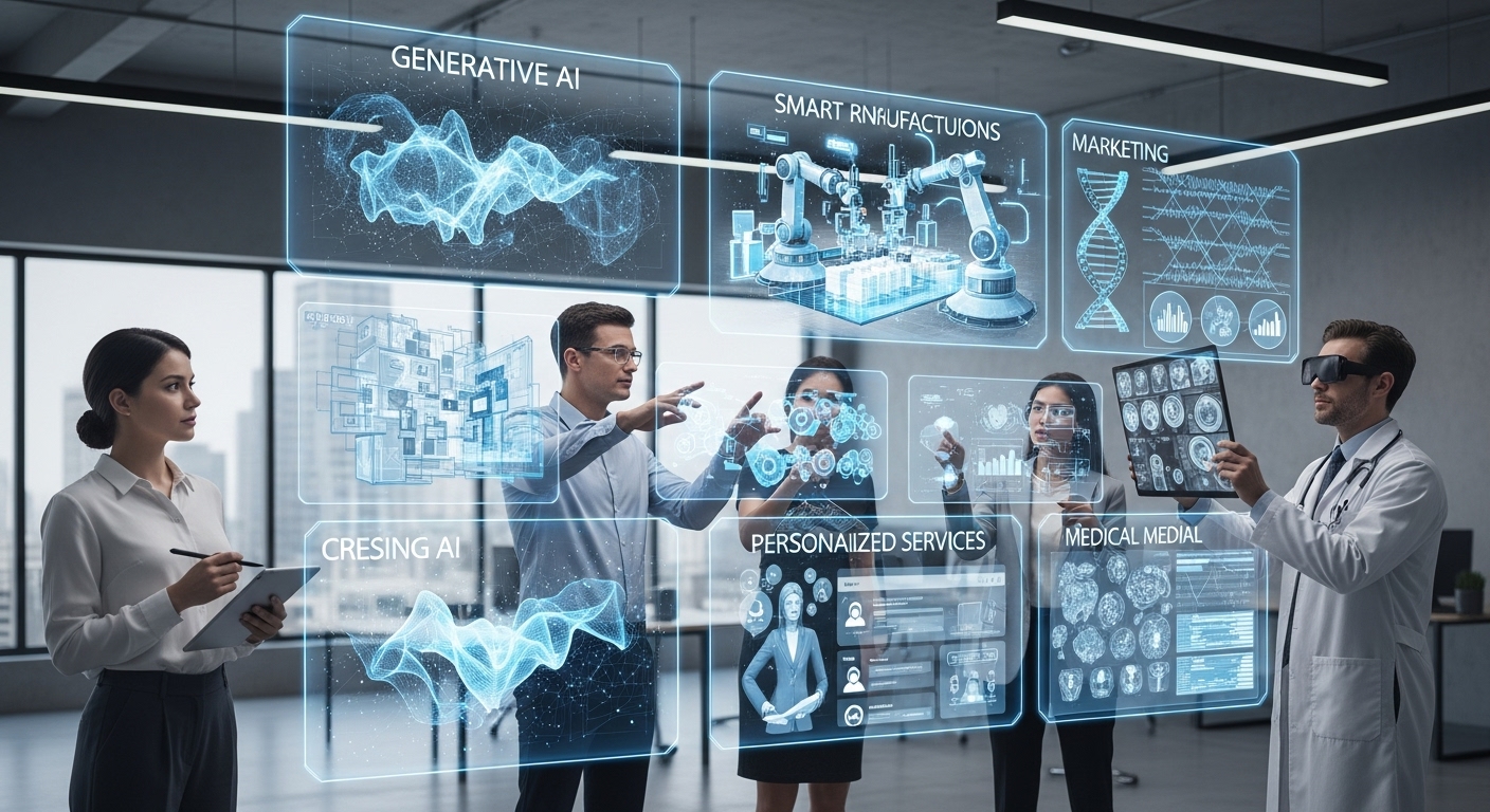 콘텐츠, 제조업, 서비스, 의료 등 다양한 분야에서 생성형 AI를 활용하여 협업하는 전문가들의 모습