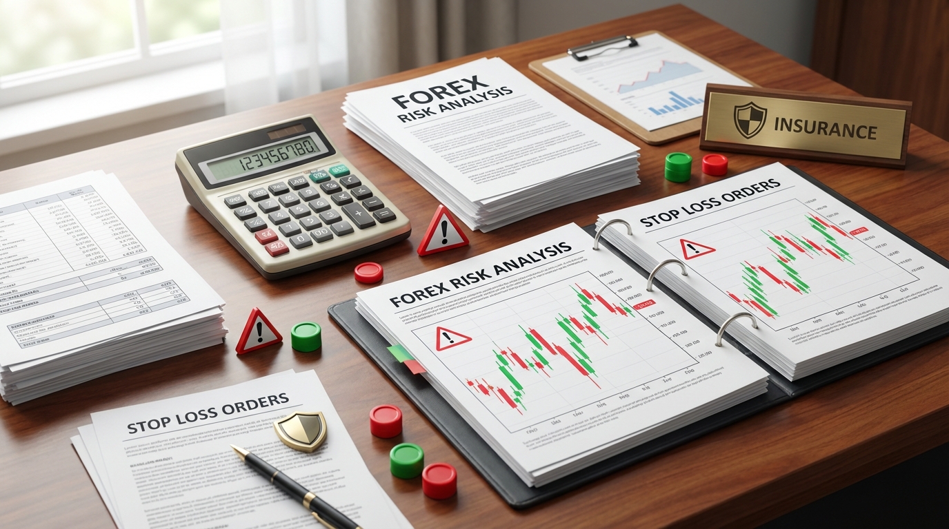FXリスク管理、電卓と財務書類、リスク評価チャート、損切り注文