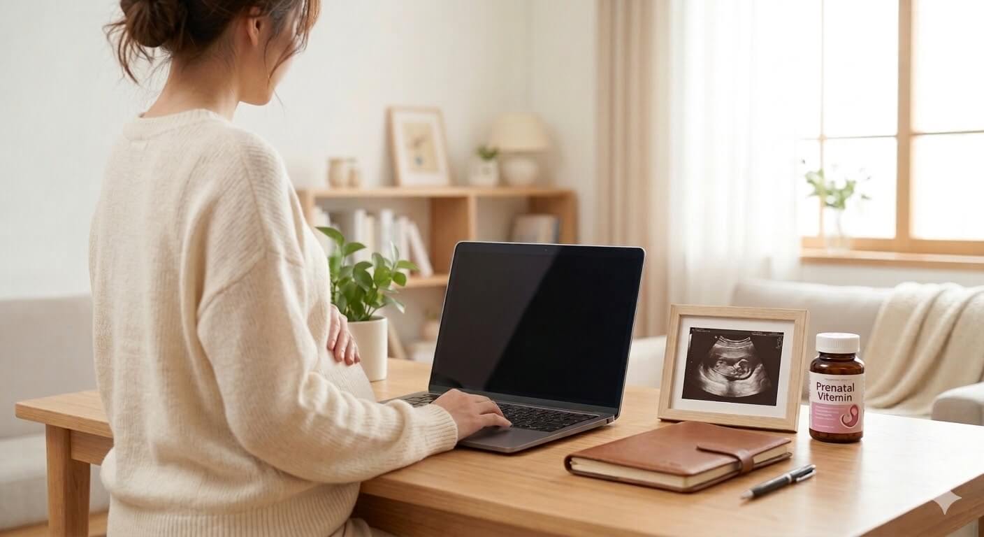 노트북 앞에 앉아 있는 임산부의 뒷모습과 책상 위에 놓인 초음파 사진 액자, 임산부 영양제 병이 있는 따뜻한 분위기의 거실 풍경