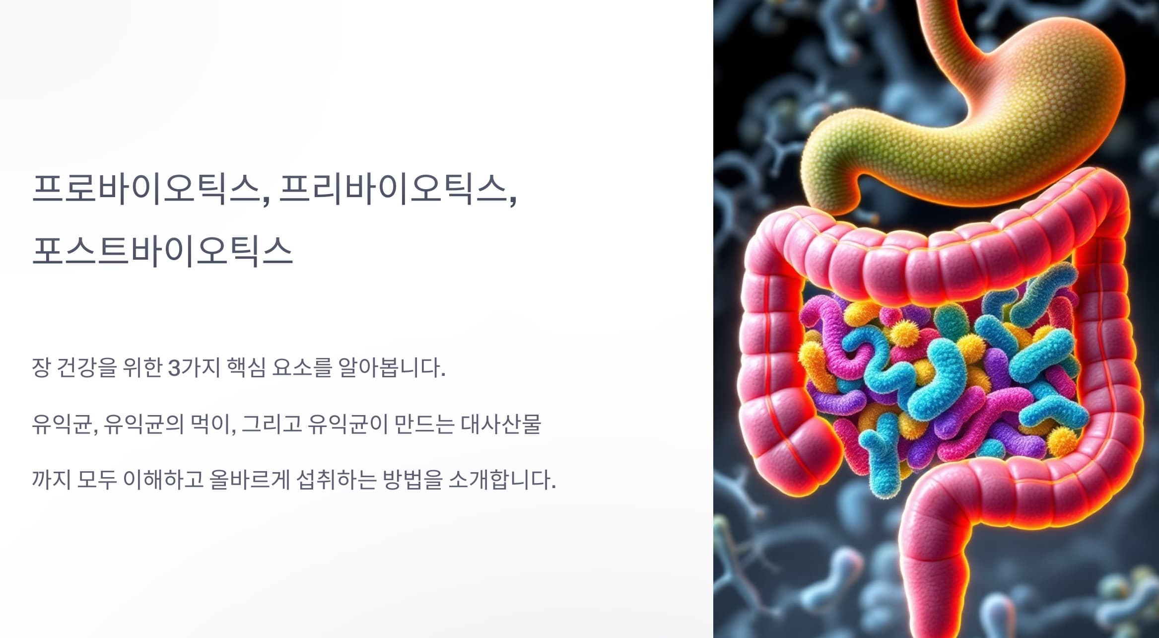 장건강을 위한 핵심요소로써 프로바이오틱스, 프리바이오틱스, 포스트바이오틱스를 소개하는 그래픽