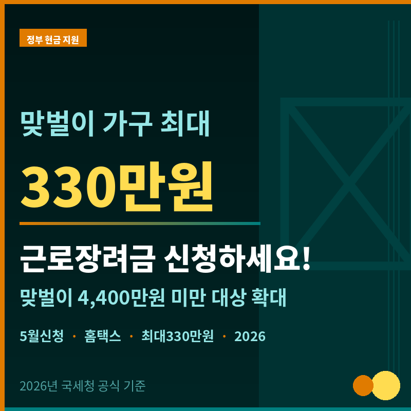 2026년 근로장려금 신청 방법 총정리 ❘ 맞벌이 소득 기준 4,400만원 완화&middot;최대 330만원 썸네일