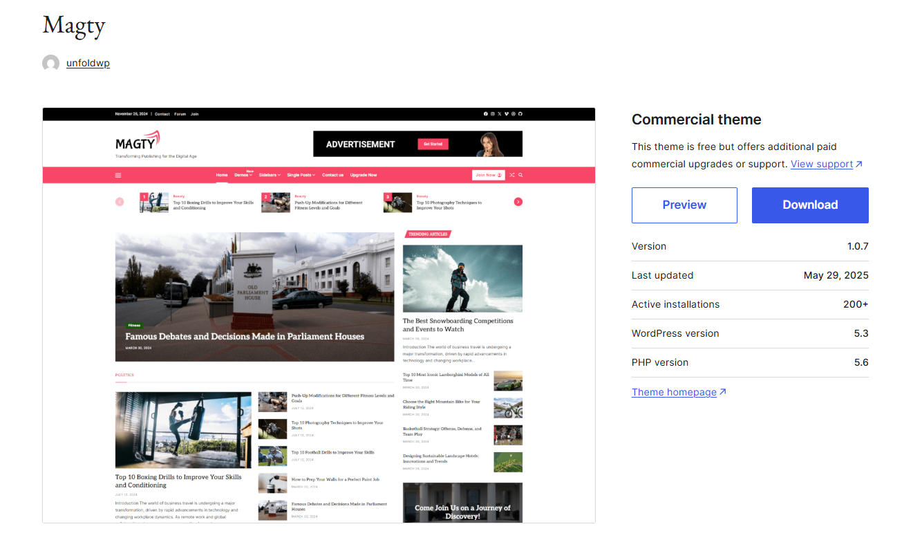 워드프레스 매거진 테마 Magty Pro 설치 작업