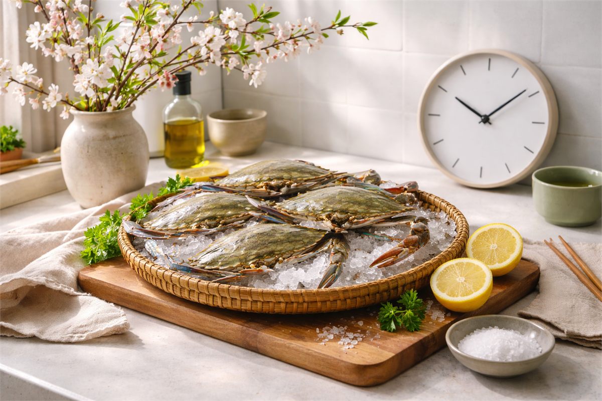 봄 분위기 소품과 함께 꽃게철 시기를 상징적으로 보여주는 정물 사진 