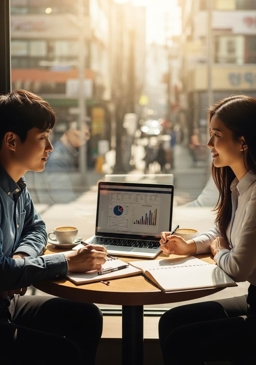 따뜻한 햇살이 비치는 카페 창가에서 한국인 청년 남녀가 노트북을 보며 재무 계획을 상의하는 모습. 노트북 화면에는 그래프와 통계가 보이고, 두 사람은 커피를 마시며 진지하게 대화를 나누고 있다.