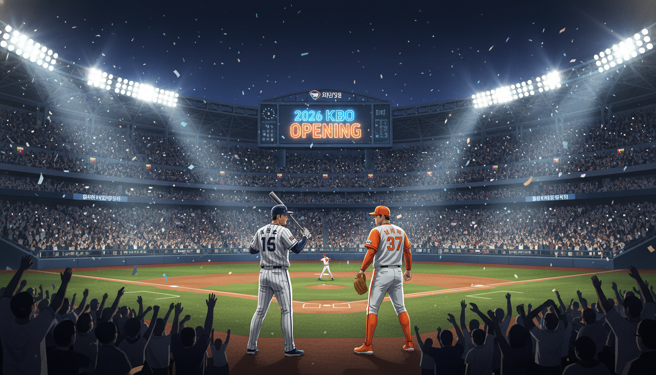 야구장에 가득 찬 관중과 2026 KBO 리그 개막을 알리는 대형 전광판, 두산과 한화를 상징하는 두 선수의 대결 모습