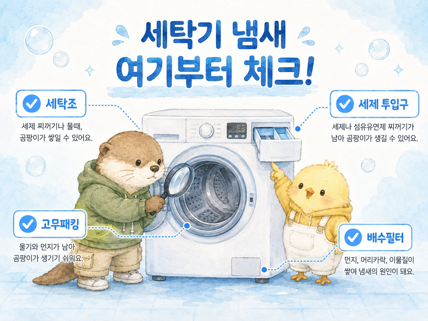 세탁조 세제 투입구 고무패킹 배수필터 냄새 확인 위치