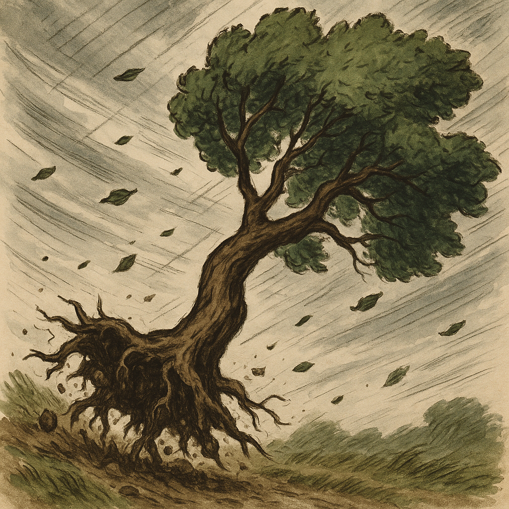 큰 바람이 불어 나무가 뽑혔다