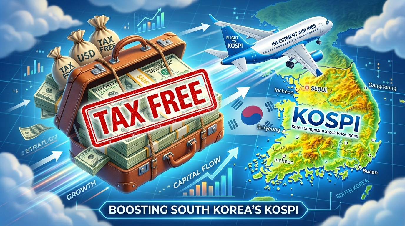 달러 지폐가 가득 든 가방이 비행기를 타고 한국(KOSPI/KOSDAQ 로고)으로 날아오고, 그 뒤로 'TAX FREE'라는 거대한 도장이 찍히는 화려한 3D 인포그래픽
