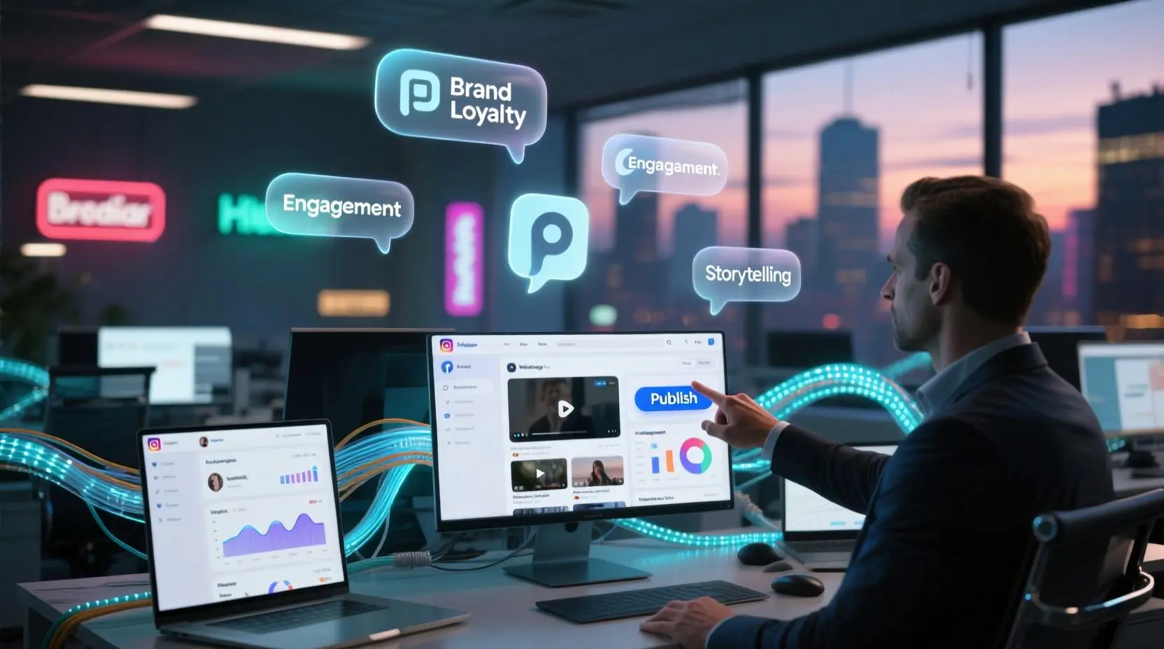 <img src="content_marketing_digital_strategy.webp" alt="디지털 정보 속에서 콘텐츠 마케팅이 브랜드 메시지를 각인시키는 전략으로 부상하는 장면을 표현한 이미지">