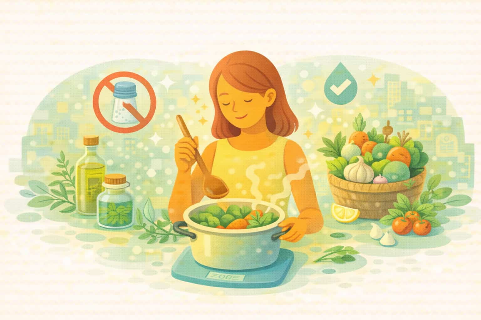 소금을 줄이고 천연 식재료와 조리법으로 건강한 저염식을 실천하는 여성의 일러스트