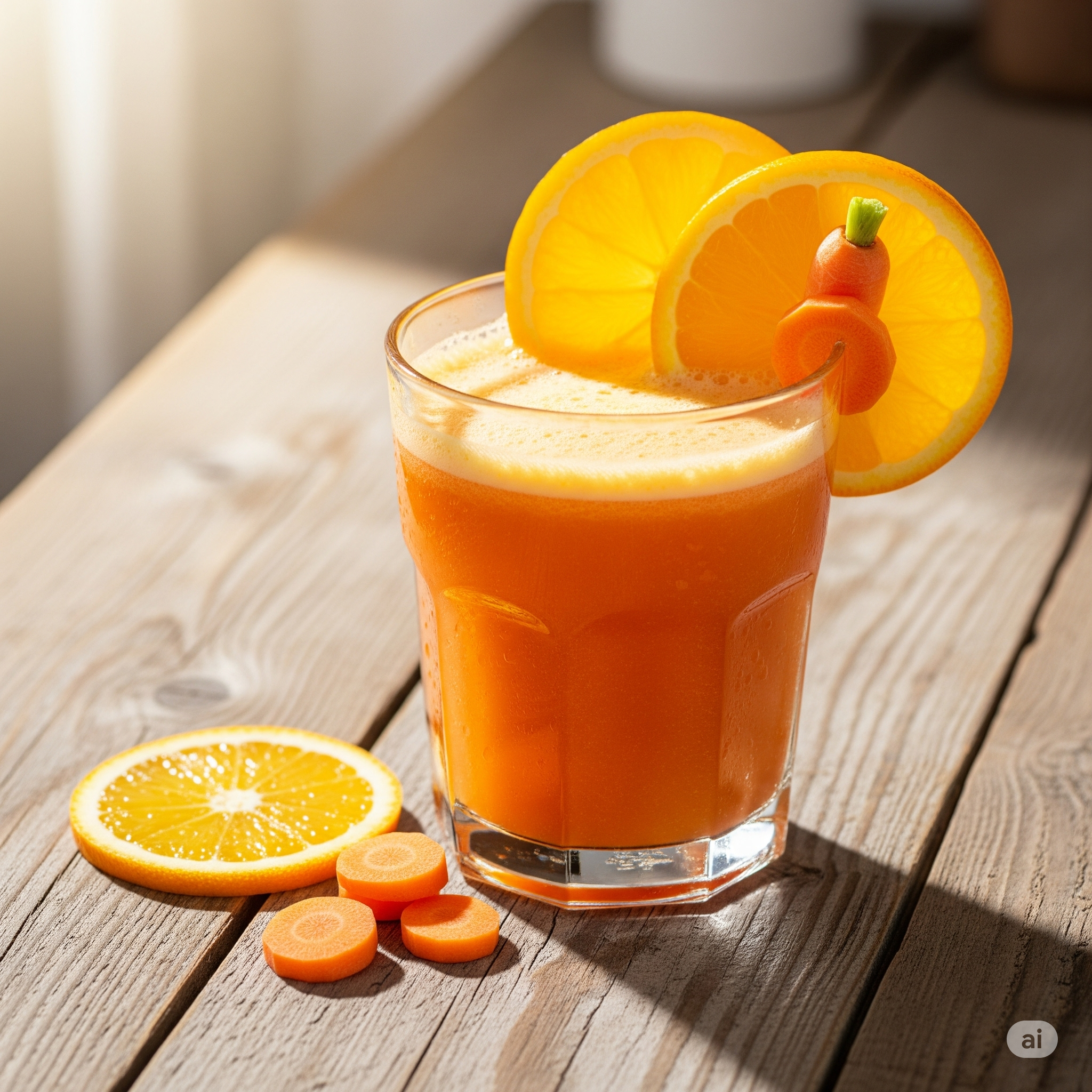 오렌지와 당근 주스가 담긴 유리잔과 신선한 오렌지, 당근 재료들.