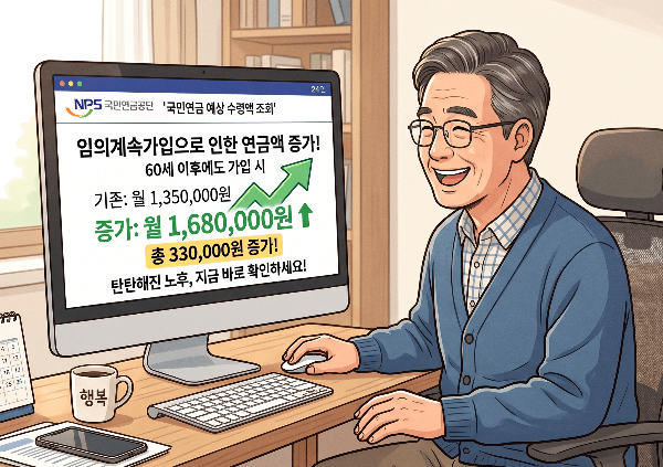 컴퓨터 화면으로 국민연금 임의계속가입 후 늘어난 예상 연금 수령액을 확인하며 미소 짓는 중장년 남성 일러스트