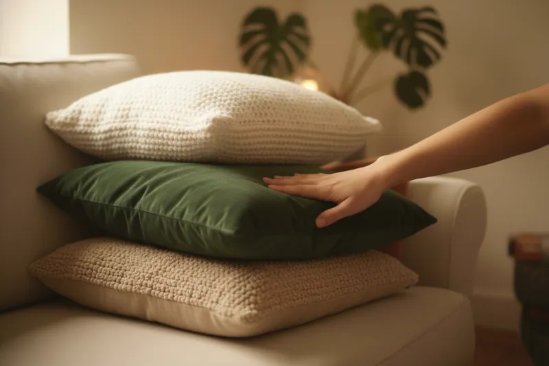 포근한 니트, 고급스러운 벨벳, 트렌디한 부클 쿠션의 다양한 질감 비교