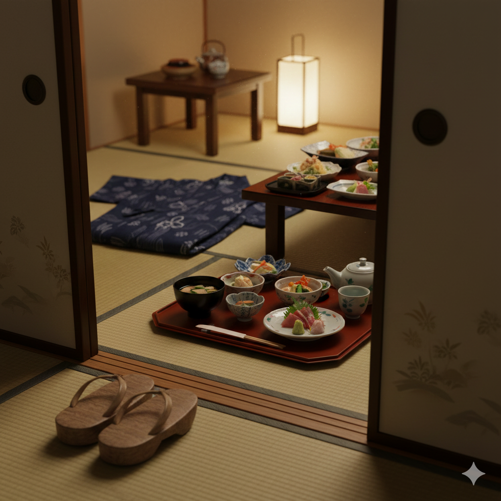 일본 전통 료칸 스타일의 실내 공간을 보여주는 이미지예요. 문이 열린 다다미방 내부에는 가이세키(懐石) 요리처럼 보이는 정갈한 음식이 담긴 상이 놓여 있어요. 앞쪽 상에는 밥과 국, 생선회 등이 붉은색 쟁반 위에 차려져 있고, 뒤쪽 상에는 다양한 요리들이 놓여 있으며, 옆에는 전통 등(燈)이 밝혀져 있어요. 바닥 다다미 위에는 파란색 유카타 한 벌이 가지런히 놓여 있고, 문턱 바로 앞에는 전통 나무 샌들(게타 또는 조리) 한 쌍이 놓여 있어요. 전체적으로 따뜻하고 아늑한 분위기로, 일본 전통 숙소에서의 식사 문화와 분위기를 묘사하고 있어요.