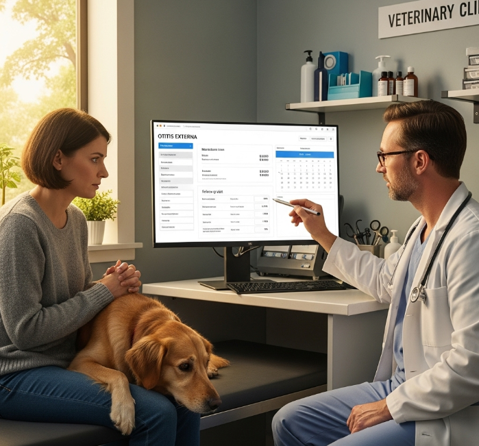 강아지 보호자가 동물병원에서 외이염 치료 비용과 예약을 상담하는 모습의 이미지