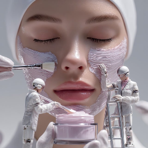 여성의 얼굴에 두명의 남자가 크림을 바르는 광고사진