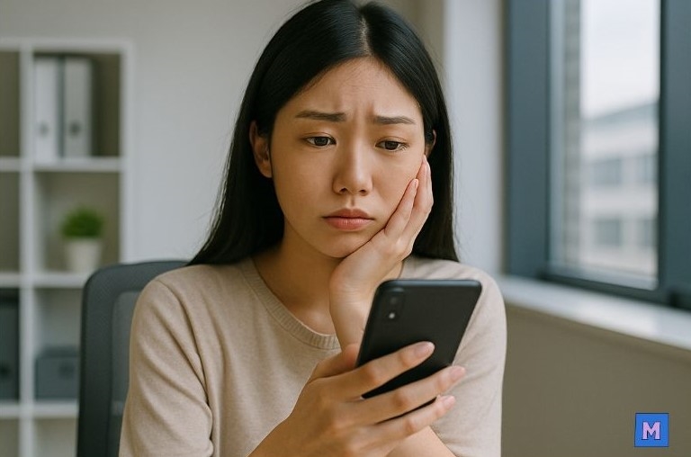 월급쟁이 여성이 스마트폰으로 가계부를 확인하며 고민하는 모습, 돈 관리 스트레스를 받는 20대 직장인 via canva
