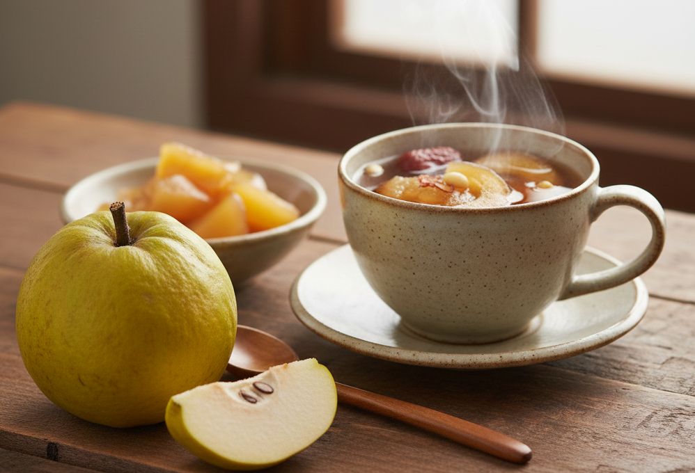 목 통증과 쉰 목소리 회복에 좋은 모과차와 모과가 놓인 사진