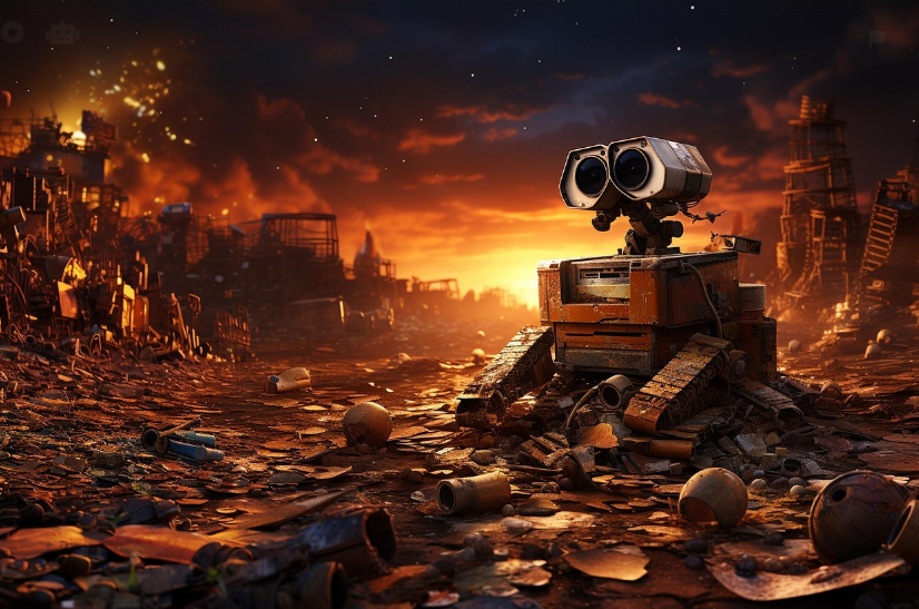 가성비를 추구한 선택의 결과로 폐허 속에 버려진 로봇의 이미지