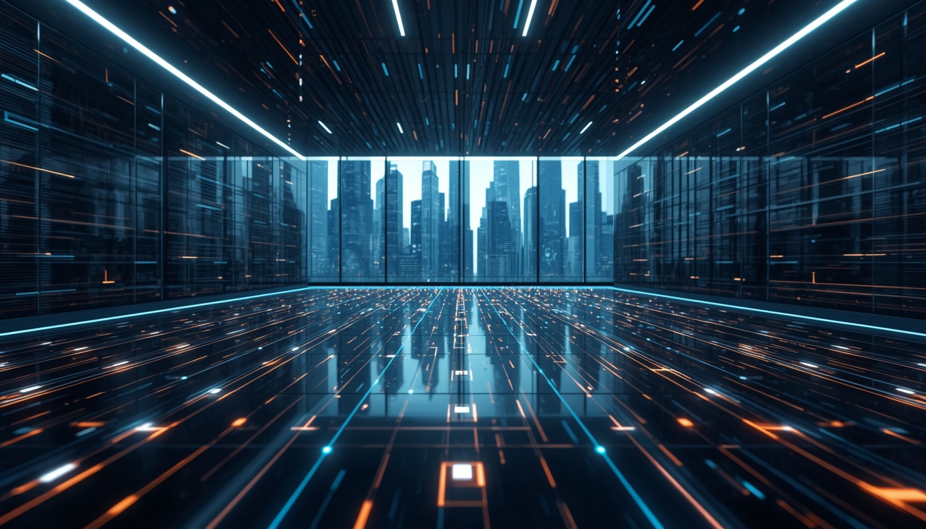 Futuristic institutional finance trading floor connected by glowing blockchain network nodes and data lines, representing Canton Network architecture.