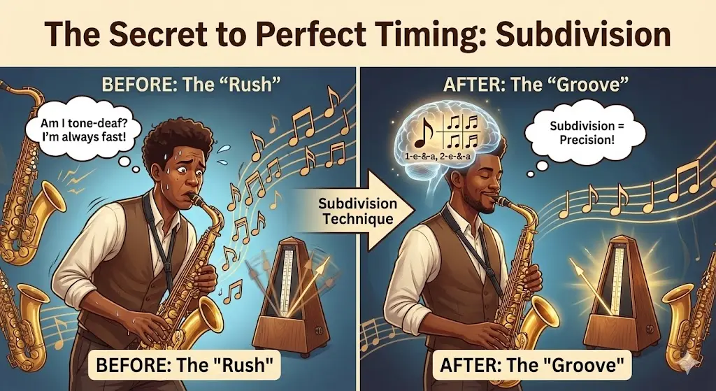 색소폰 박자 쪼개기(Subdivision) 연습 효과 썸네일 - 급하게 부는 습관(Rush)을 고치고 정확한 그루브(Groove)를 찾는 비법 비교