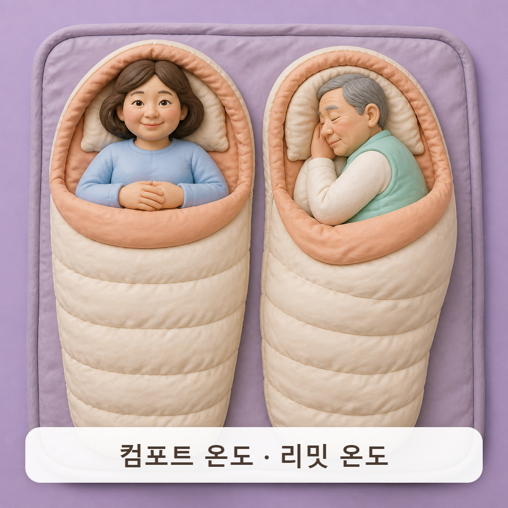 침낭 속에 편히 누운 사람과 웅크린 사람을 나란히 보여 주는 모습