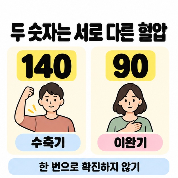 140은 수축기, 90은 이완기로 표시하고 두 사람의 삽화와 한 번으로 확진하지 않기 문구를 함께 배치한 그림