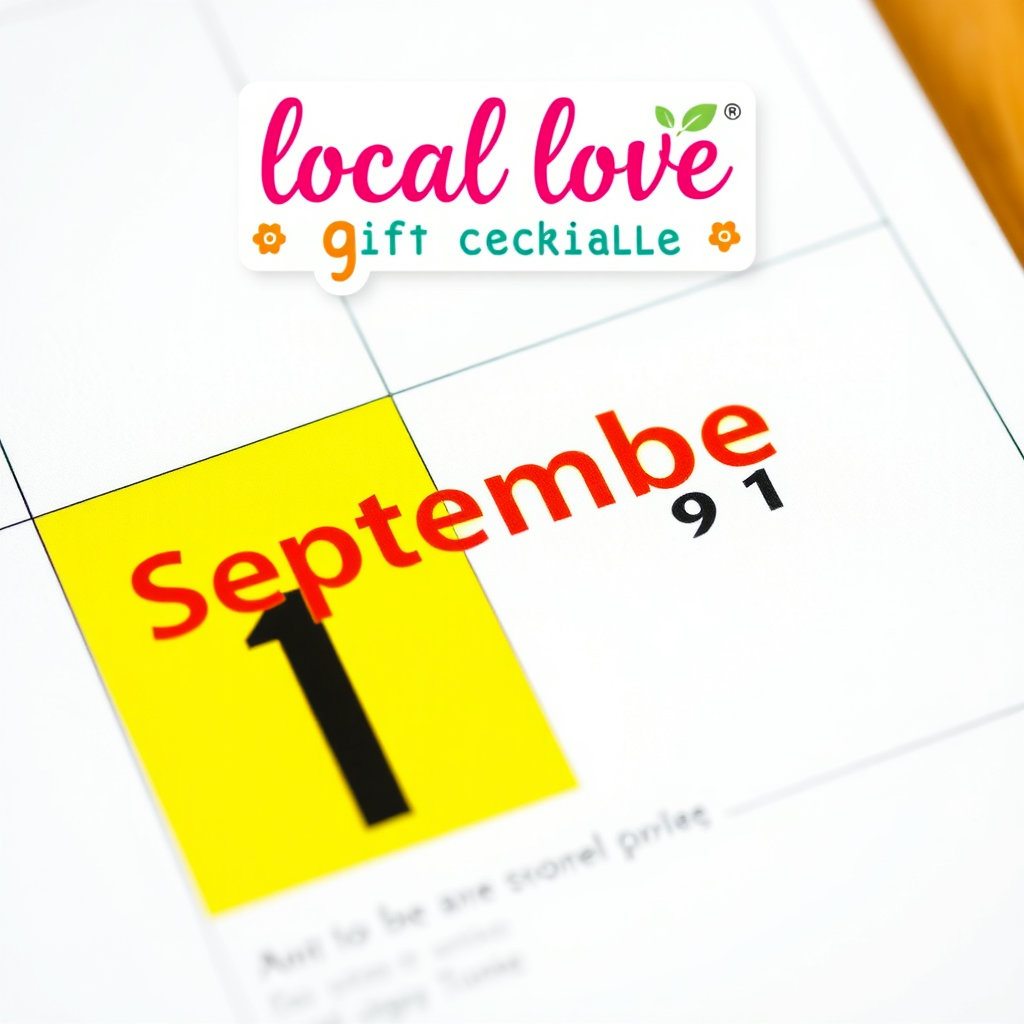 달력의 9월 1일이 강조되어 있고, 그 위에 지역사랑상품권 로고나 디자인이 함께 배치된 이미지를 그려주세요. 희망찬 분위기를 담아내면 좋겠습니다.