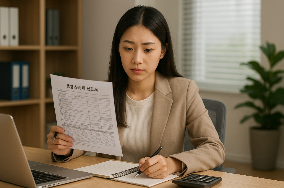 책상위에서 카드사용내역을 보면서 연말정산 신고를 준비하는 여성 직장인의 모습