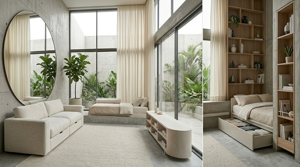 밝은 색상의 가구를 활용해서 시각적으로 확장되어 보이는 인테리어 이미지