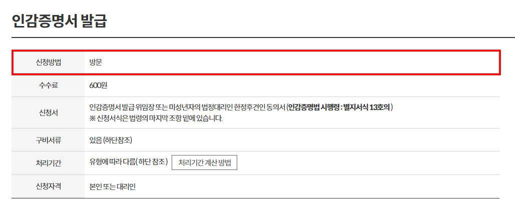 인감증명서의 발급 정보로 방문 신청만 지원