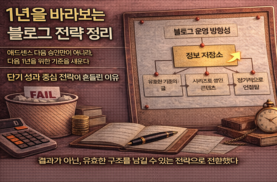 블로그를 정보 저장소 구조로 전환하는 과정을 나타낸 이미지, 시리즈 단위 콘텐츠와 장기 운영 방향을 도식화한 전략 화면