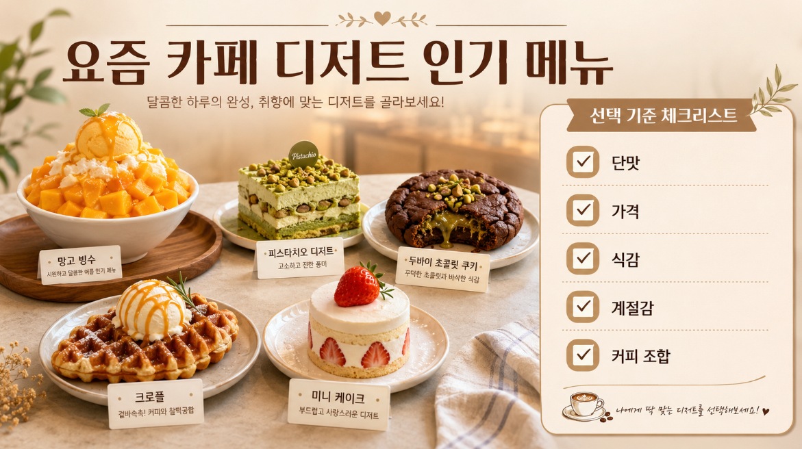 망고빙수, 피스타치오 디저트, 크로플 등 요즘 카페 디저트 인기 메뉴와 선택 기준 이미지