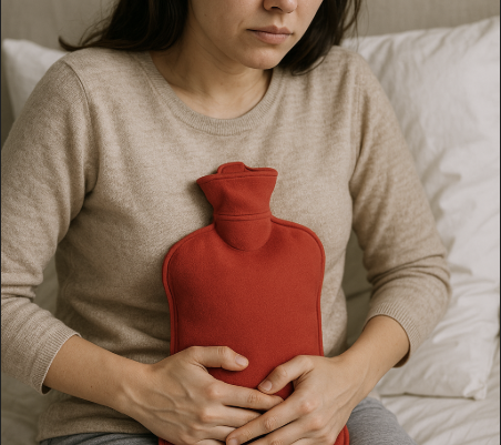 직장인 여성 생리통 복부찜질 사진