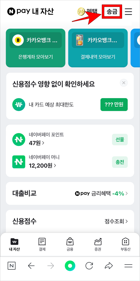 네이버페이 내 자산 메뉴 상단의 '송금'을 선택