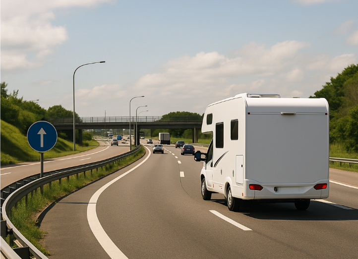 고속도로 합류 구간에서 캠핑카가 차선 진입 중인 장면