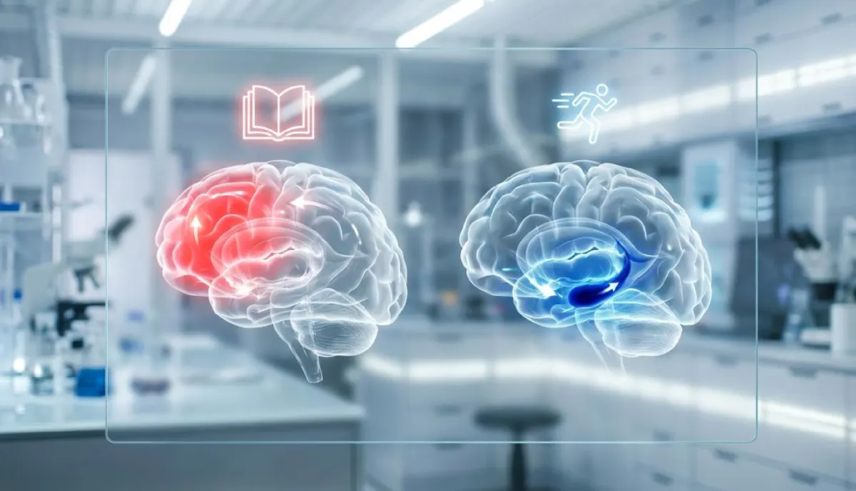 인지 활동인 외국어 학습과 신체 활동인 유산소 운동 시 각각 활성화되는 뇌의 전두엽과 해마 영역을 붉은색과 푸른색으로 구분하여 직관적으로 보여주는 뇌 스캔 비교 도표